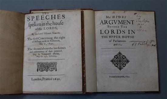 Mr: Hides Argvment Before The Lords in the Vpper Hovse of Parliament, 2 vols, red leather spine, 1641